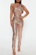 Champagne Casual Patchwork Sequins Oblique Collar Skinny Jumpsuits