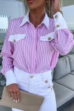 Pink Casual Striped Print Patchwork Shirt Collar Tops
