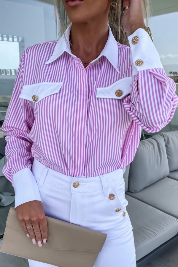 Pink Casual Striped Print Patchwork Shirt Collar Tops