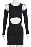 Black Sexy Casual Solid Hollowed Out O Neck Long Sleeve Dresses
