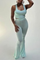 Mint green Casual Solid Vests Pants U Neck Sleeveless Two Pieces
