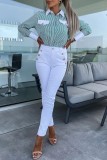 Pink Casual Striped Print Patchwork Shirt Collar Tops