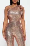 Rose Red Casual Patchwork Sequins Oblique Collar Skinny Jumpsuits