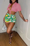 Pink Sexy Patchwork Patchwork Turndown Collar Short Sleeve Two Pieces