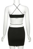 Black Sexy Solid Patchwork Backless Spaghetti Strap Wrapped Skirt Dresses