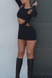 Black Sexy Casual Solid Hollowed Out O Neck Long Sleeve Dresses