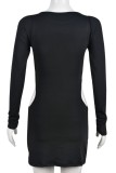 Black Sexy Casual Solid Hollowed Out O Neck Long Sleeve Dresses