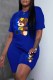 Blue Casual Print Letter O Neck Short Sleeve Two Pieces