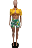 Pink Sexy Patchwork Patchwork Turndown Collar Short Sleeve Two Pieces