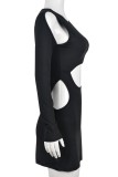 Black Sexy Casual Solid Hollowed Out O Neck Long Sleeve Dresses