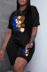 Black Casual Print Letter O Neck Short Sleeve Two Pieces