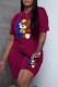 Burgundy Casual Print Letter O Neck Short Sleeve Two Pieces