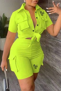 Fluorescent Green Casual Print Letter Turndown Collar Short Sleeve Two Pieces
