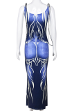 Blue Sexy Print Patchwork Spaghetti Strap Pencil Skirt Dresses