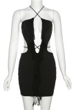 Black Sexy Solid Patchwork Backless Spaghetti Strap Wrapped Skirt Dresses