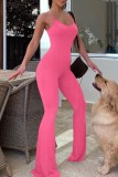Rose Red Sexy Casual Solid Backless Spaghetti Strap Skinny Jumpsuits