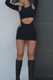Black Sexy Casual Solid Hollowed Out O Neck Long Sleeve Dresses