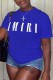 Blue Casual Print Letter O Neck T-Shirts