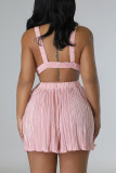 Pink Sexy Solid Hollowed Out Patchwork V Neck Straight Rompers