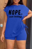 Blue White Casual Letter Print Basic O Neck Short Sleeve Two Pieces