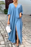 Light Blue Casual Solid Slit V Neck Long Dress Dresses
