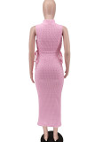 Pink Casual Solid Bandage Hollowed Out Patchwork O Neck Pencil Skirt Dresses
