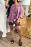 Purple Casual Solid Patchwork One Shoulder Short Sleeve Two Pieces