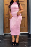 Pink Casual Solid Bandage Hollowed Out Patchwork O Neck Pencil Skirt Dresses