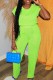Fluorescent Green Casual Solid Basic O Neck Short Sleeve Two Pieces
