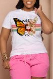 White Casual Butterfly Print Patchwork O Neck T-Shirts