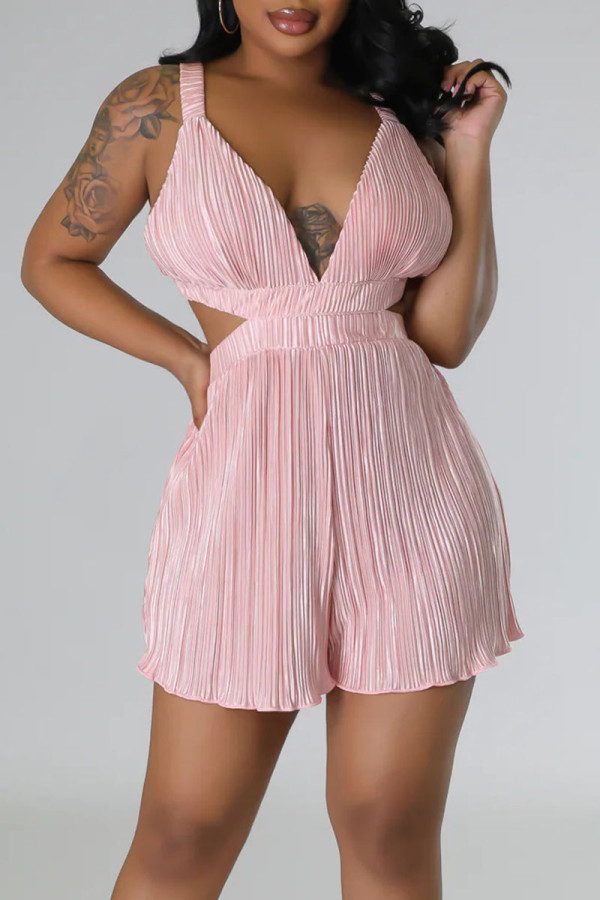 Pink Sexy Solid Hollowed Out Patchwork V Neck Straight Rompers