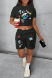 Red Casual Street Print Patchwork O Neck Short Sleeve Two Pieces