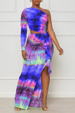 Light Blue Sexy Print Hollowed Out Patchwork Slit Oblique Collar Straight Dresses
