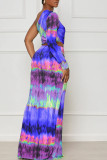 Light Blue Sexy Print Hollowed Out Patchwork Slit Oblique Collar Straight Dresses
