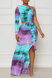 Light Blue Sexy Print Hollowed Out Patchwork Slit Oblique Collar Straight Dresses