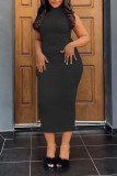 Pink Casual Solid Bandage Hollowed Out Patchwork O Neck Pencil Skirt Dresses