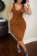 Brown Casual Print Basic U Neck Vest Dress Dresses