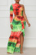 Tangerine Sexy Print Hollowed Out Patchwork Slit Oblique Collar Straight Dresses