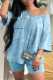 Peacock Blue Casual Solid Patchwork One Shoulder Short Sleeve Two Pieces