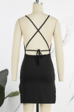 Brownness Sexy Solid Patchwork Backless Slit Spaghetti Strap One Step Skirt Dresses