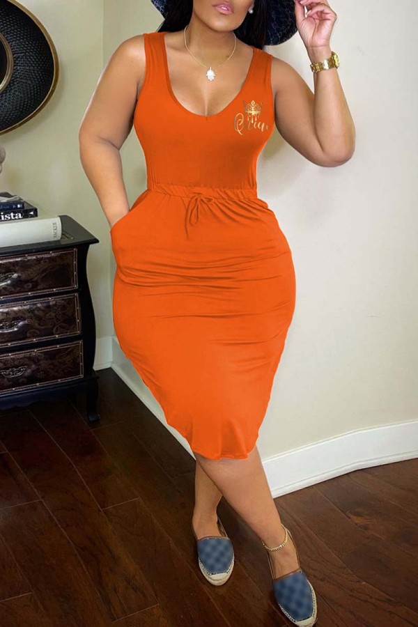 Orange Casual Print Basic U Neck Vest Dress Dresses