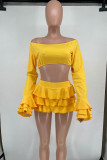 Pink Sexy Solid Patchwork Stringy Selvedge Off the Shoulder Long Sleeve Two Pieces