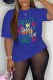 Blue Casual Print Letter O Neck T-Shirts