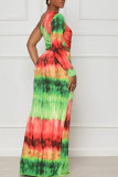 Light Blue Sexy Print Hollowed Out Patchwork Slit Oblique Collar Straight Dresses