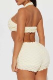 Khaki Sexy Solid Hollowed Out Backless Halter Sleeveless Two Pieces