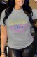 Grey Casual Print Letter O Neck T-Shirts