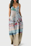 Red Blue Casual Print Patchwork Spaghetti Strap Sling Dress Dresses