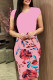 Pink Casual Print Patchwork O Neck One Step Skirt Dresses
