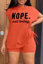Orange Black Casual Letter Print Basic O Neck Short Sleeve Two Pieces