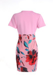 Pink Casual Print Patchwork O Neck One Step Skirt Dresses